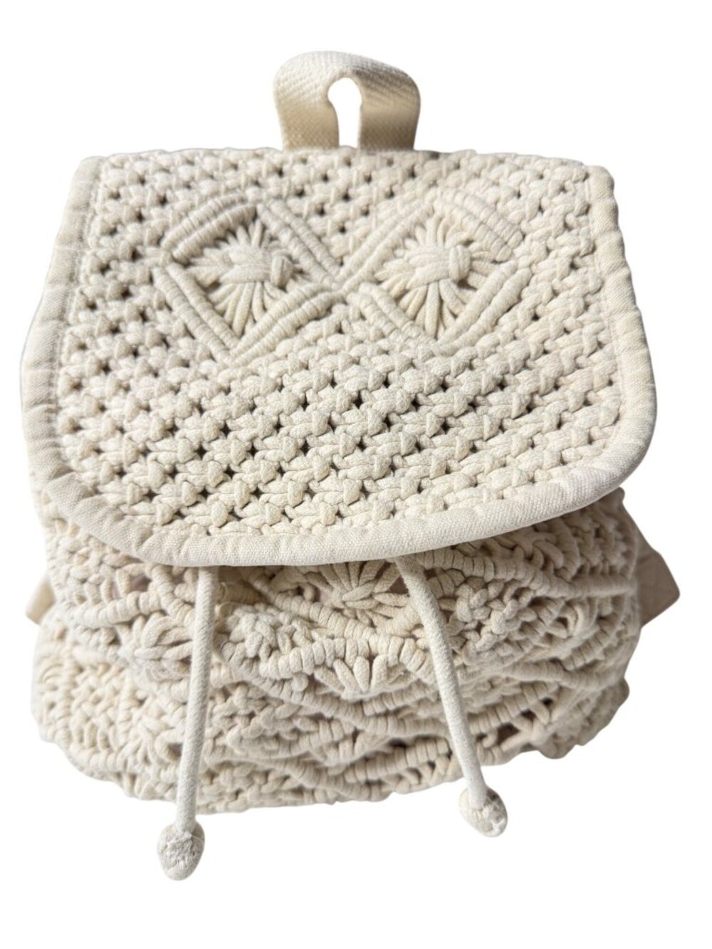 Handmade Macrame Backpack W/Adjustable Straps Canvas Back & Drawstring Closure